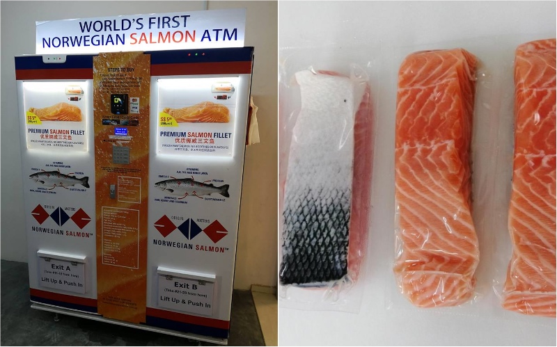 在新加坡第一臺售賣冷凍挪威鮭魚片自動售貨機(jī)